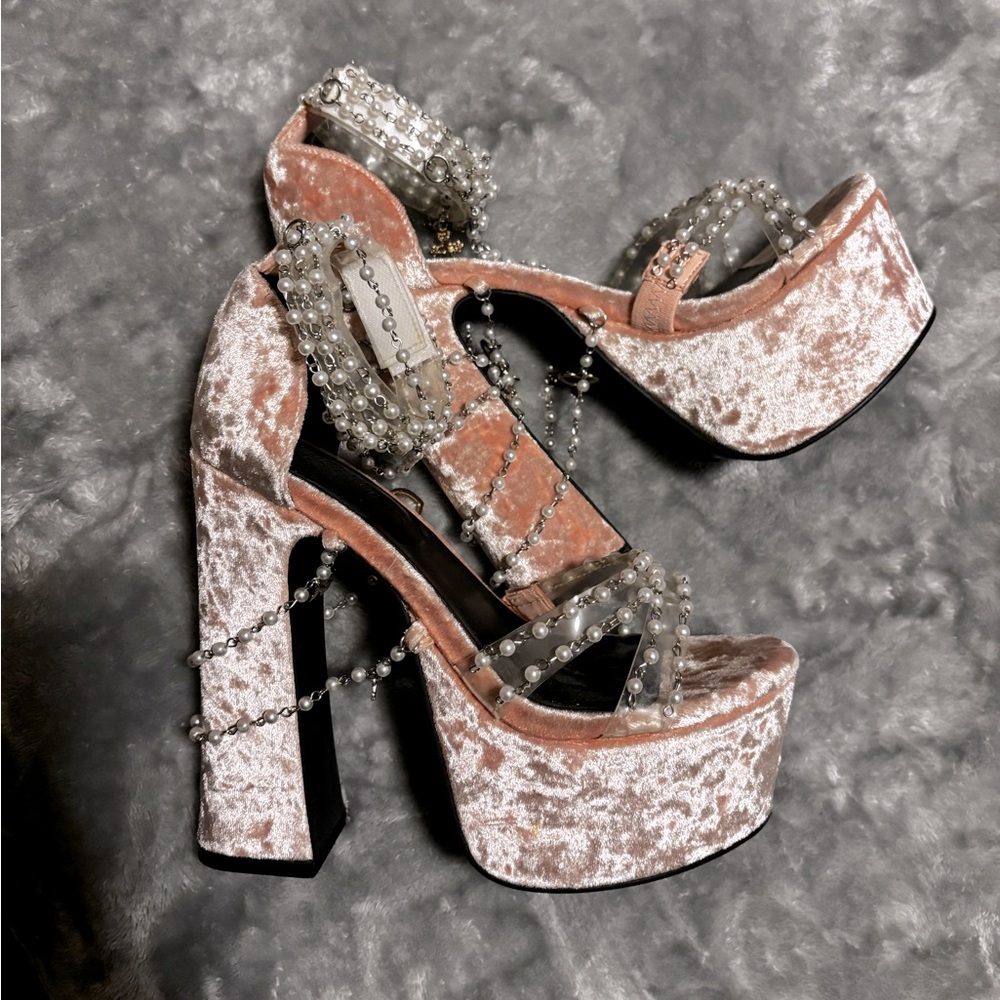 Dollskill Dolls Kill Holy Revelation Heels - Pink Velvet and Silver and Pearls